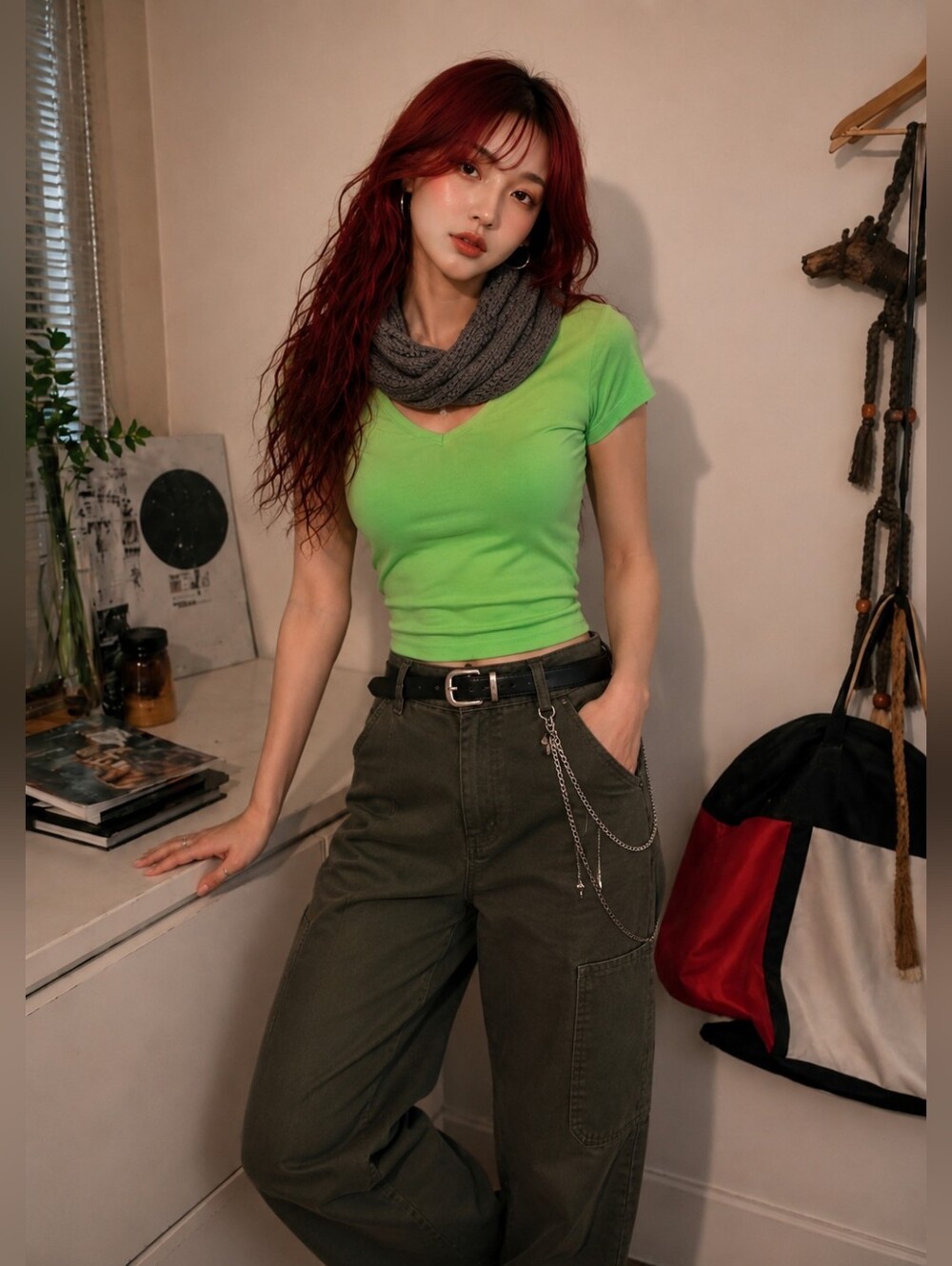 5/$15 Ardene Bright Green V-Neck Tee